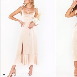 Show Me Your Mumu Claire Midi Dress, size small. Champagne Luxe Satin.